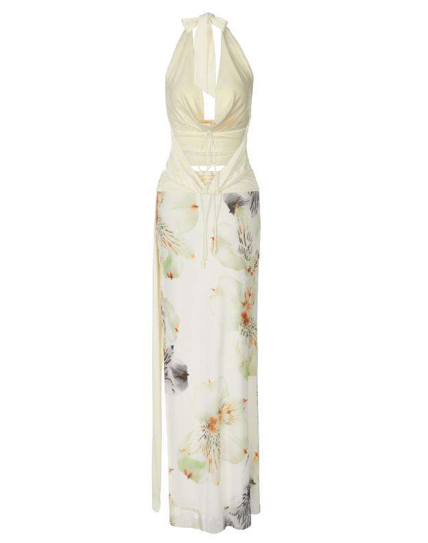 Soar | Light Yellow Halter Crop Top & Wrap Maxi Skirt Set