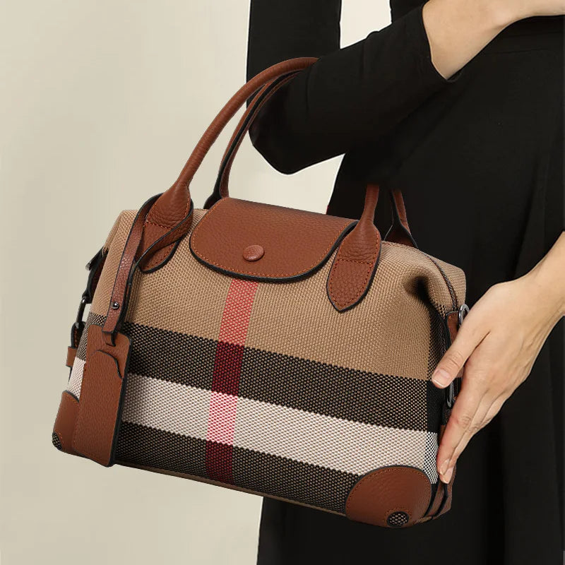 AIDRAN | Retro Plaid Boston Bag – Canvas & Leather