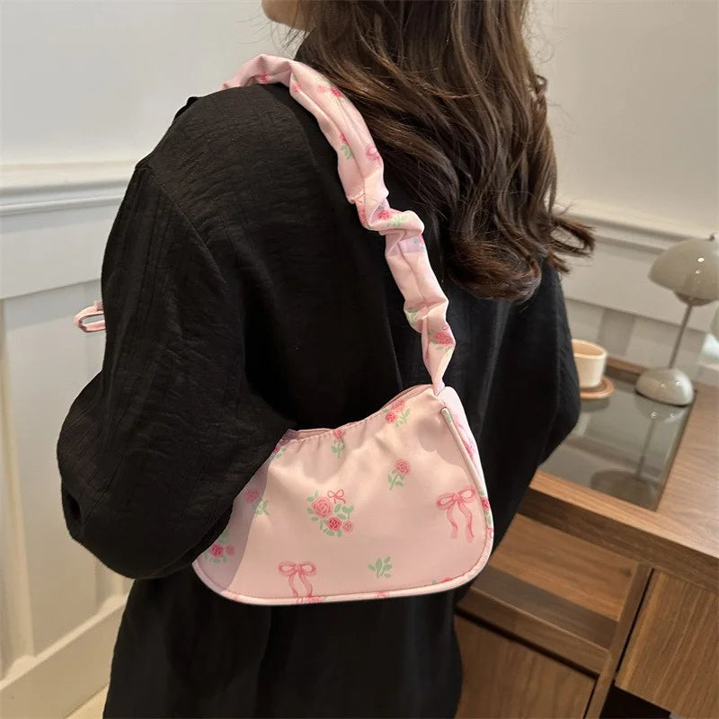 Floral Bow Canvas Pleated Drawstring Shoulder Bag – Aesthetic Underarm Purse-HighTouch