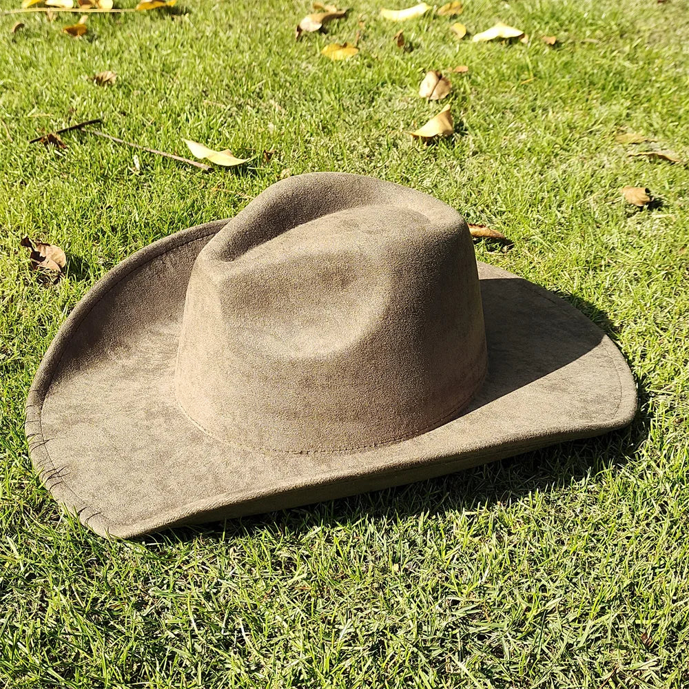 Suede Wide-Brim Western Cowboy Fedora Adjustable Fit