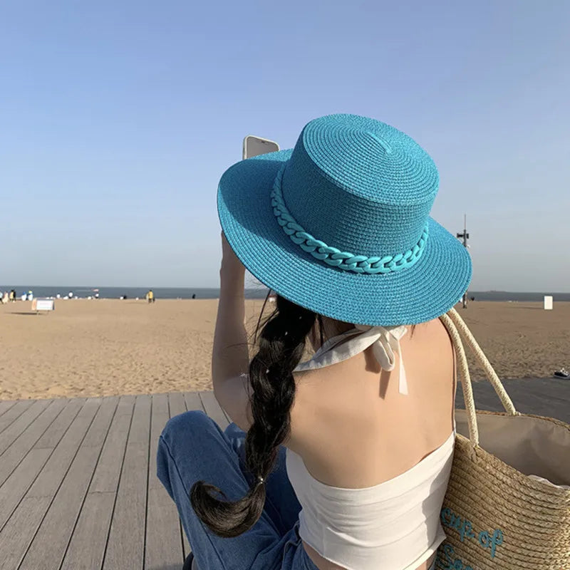 Adjustable Flat‑Top Yellow Straw Fedora
