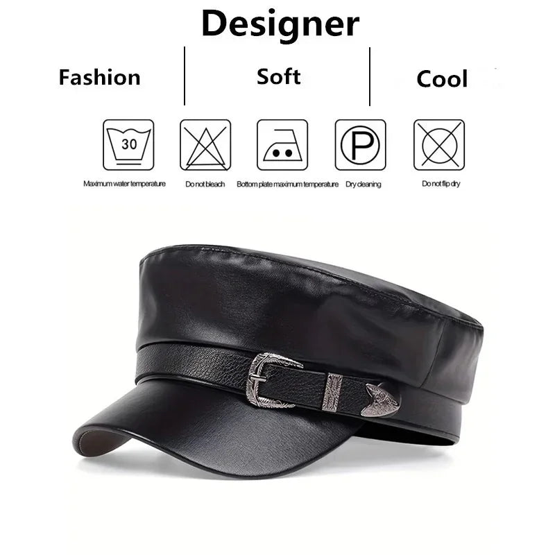 Leather Beret Cap Autumn Belt Buckle Flat Top Captain Hat