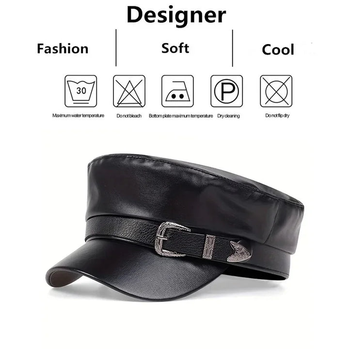 Leather Beret Cap Autumn Belt Buckle Flat Top Captain Hat