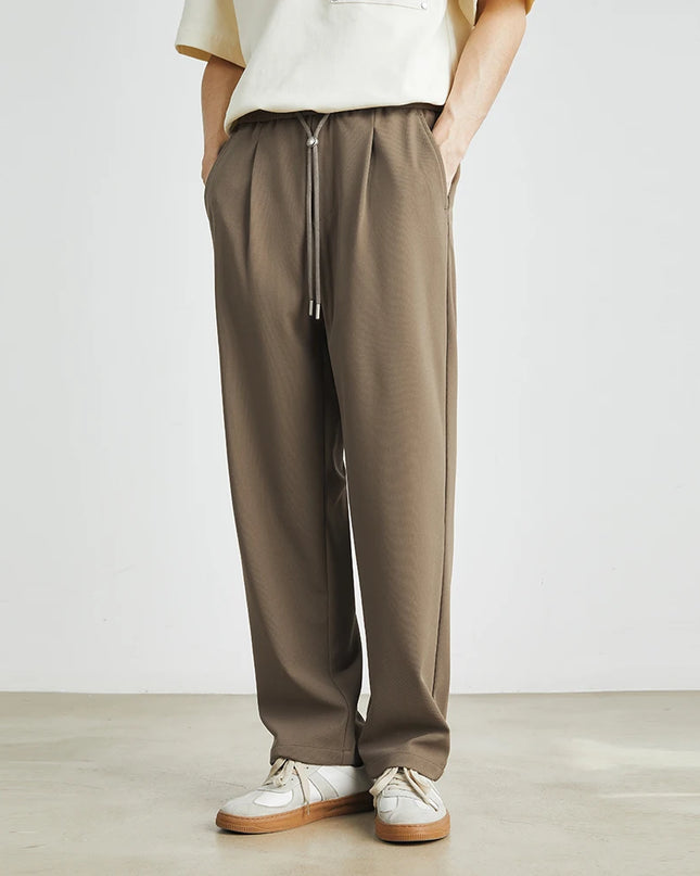 Men’s Straight-Leg Drawstring Trousers – Japanese Casual Elastic Waist Pants