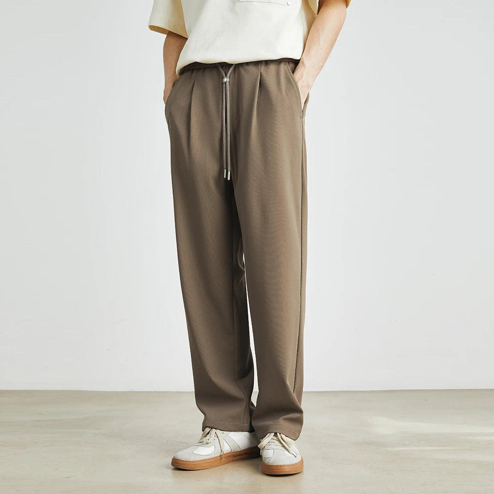 Men’s Straight-Leg Drawstring Trousers – Japanese Casual Elastic Waist Pants