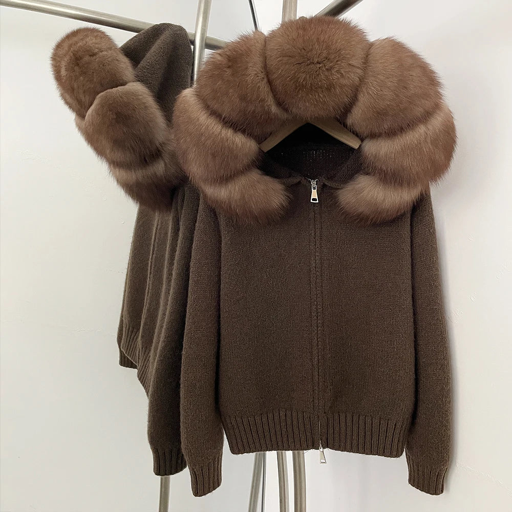 Women’s Hooded Knit Cardigan with Real Fox Fur – Casual Short Coat-HighTouch
