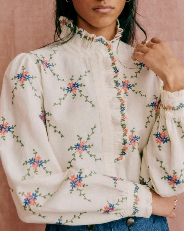 Women’s Floral Embroidery Stand-Collar Ruffle Blouse