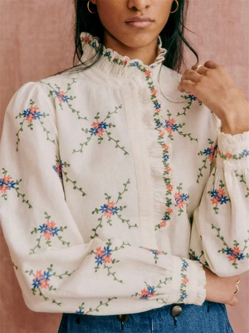 Women’s Floral Embroidery Stand-Collar Ruffle Blouse
