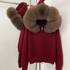 Women’s Hooded Knit Cardigan with Real Fox Fur – Casual Short Coat-HighTouch