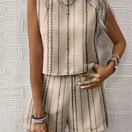 Striped Sleeveless O‑Neck Top & High‑Waist Shorts Set – Lightweight Summer Co‑Ord