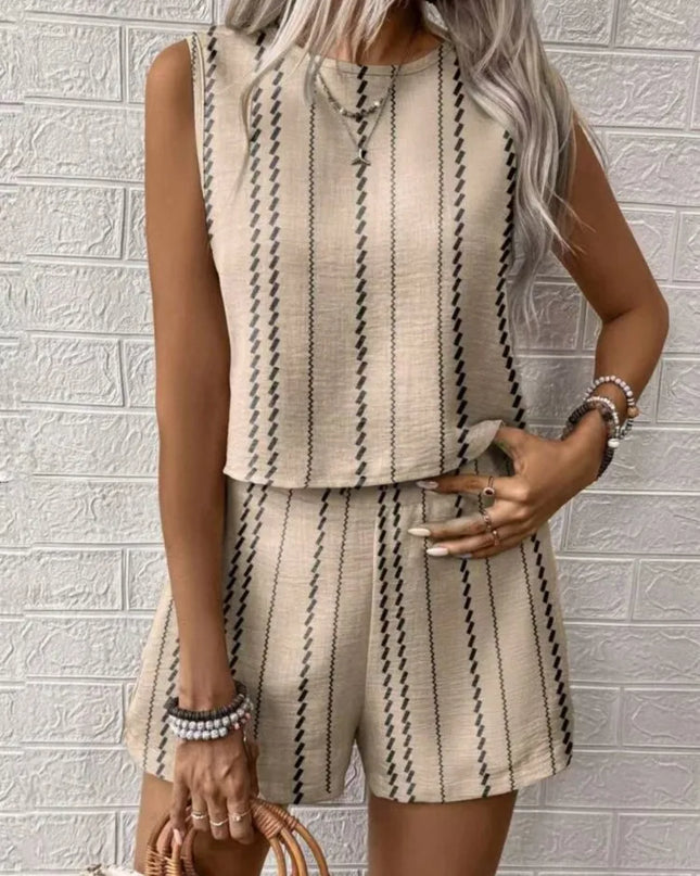 Striped Sleeveless O‑Neck Top & High‑Waist Shorts Set – Lightweight Summer Co‑Ord