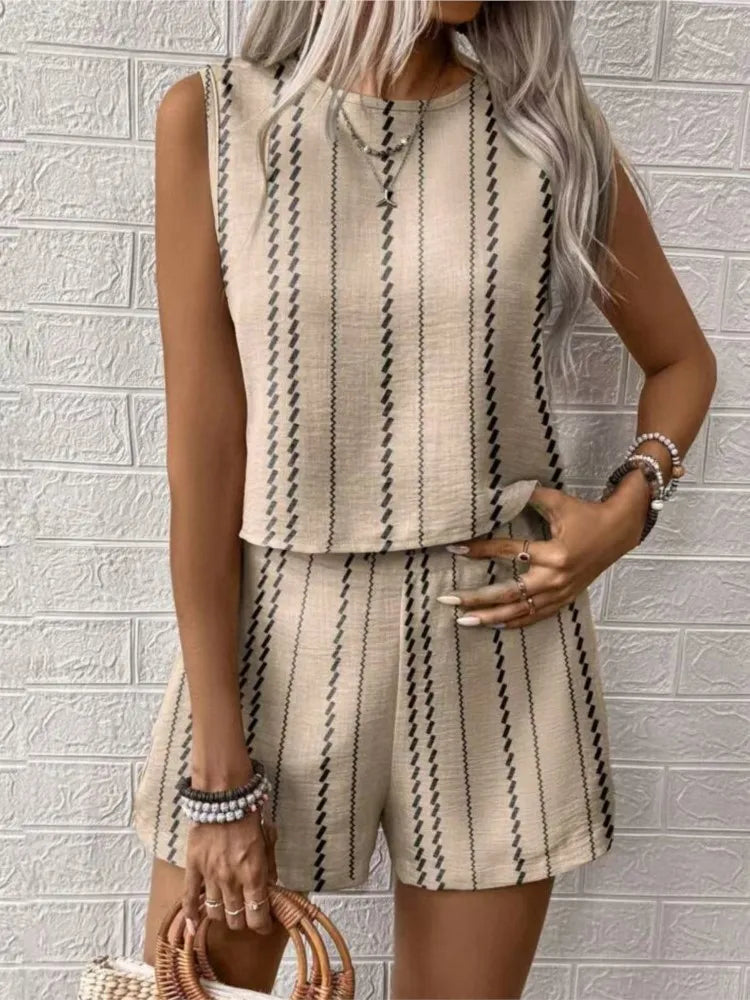 Striped Sleeveless O‑Neck Top & High‑Waist Shorts Set – Lightweight Summer Co‑Ord