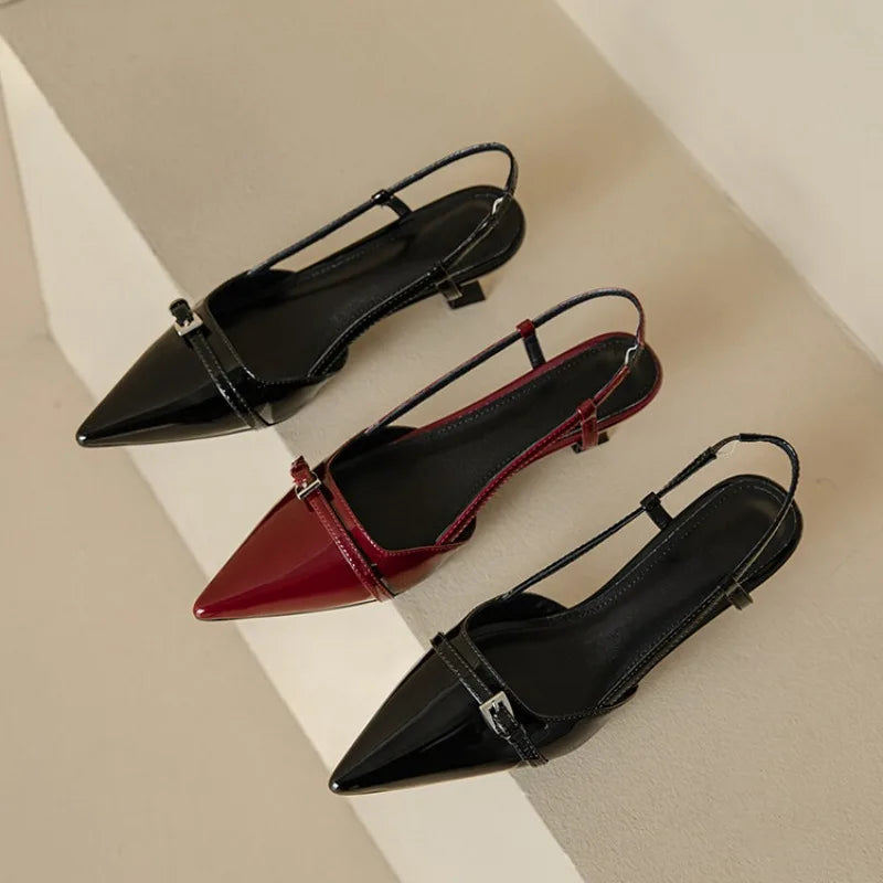 Mid-Heel Pointed Patent Leather Sandals Women-HighTouch