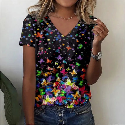Vintage Floral 3D Print V‑Neck Tee – Oversized Harajuku Style