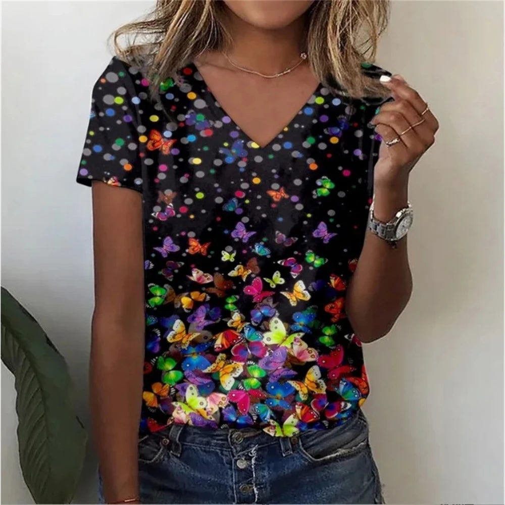 Vintage Floral 3D Print V‑Neck Tee – Oversized Harajuku Style-HighTouch