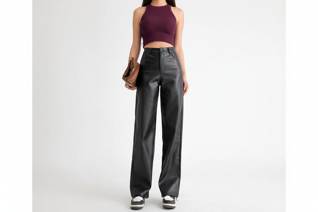 Pantaloni larghi larghi in pelle calda con tasche e bottoni da donna BIVIGAOS in pile autunno inverno vita alta spessa PU casual dritti