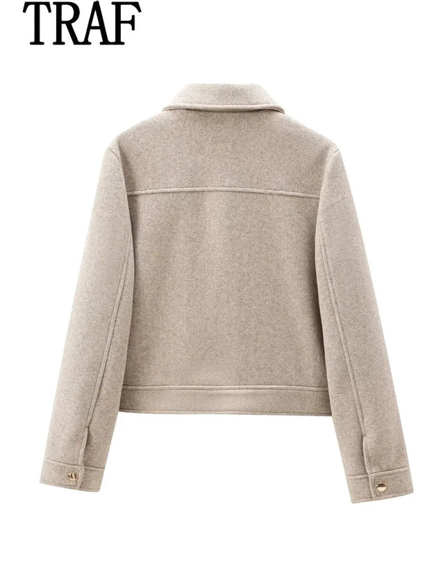 Women's Winter Zipper Jacket - Elegant Short Street Coat with Pockets
