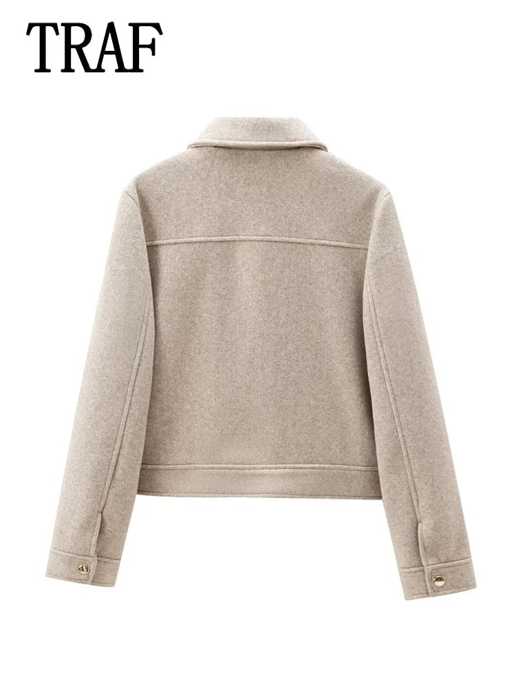 Women's Winter Zipper Jacket - Elegant Short Street Coat with Pockets