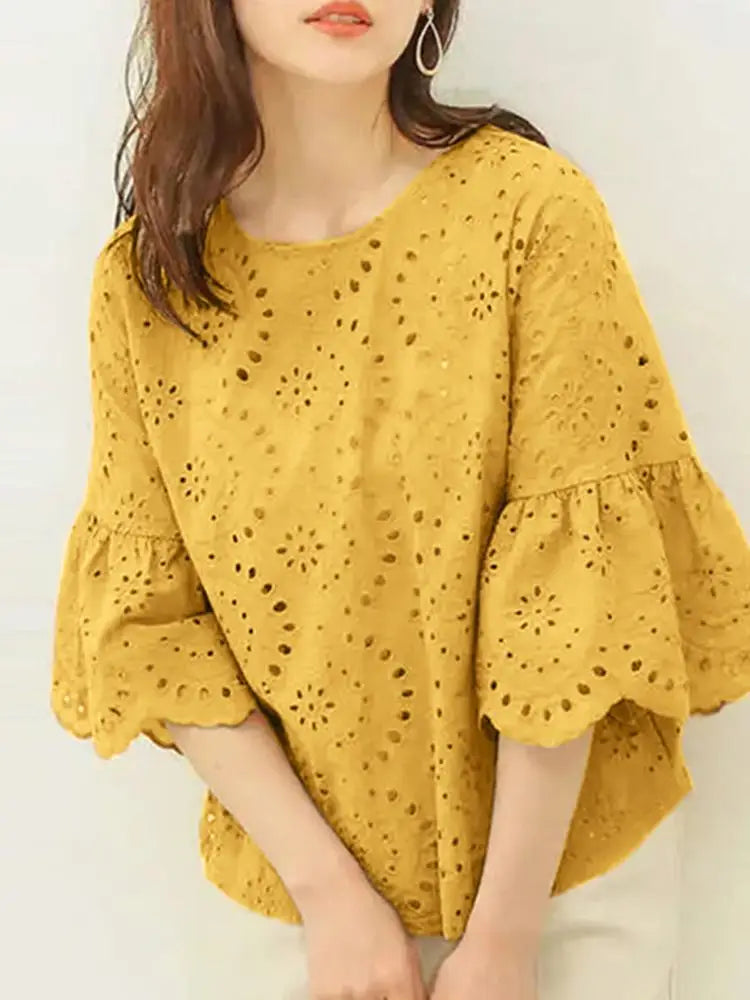 Elegant Hollow-Out Lace Blouse-HighTouch