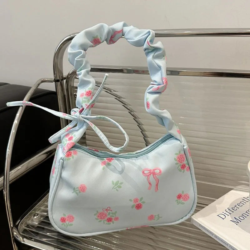 Floral Bow Canvas Pleated Drawstring Shoulder Bag – Aesthetic Underarm Purse-HighTouch