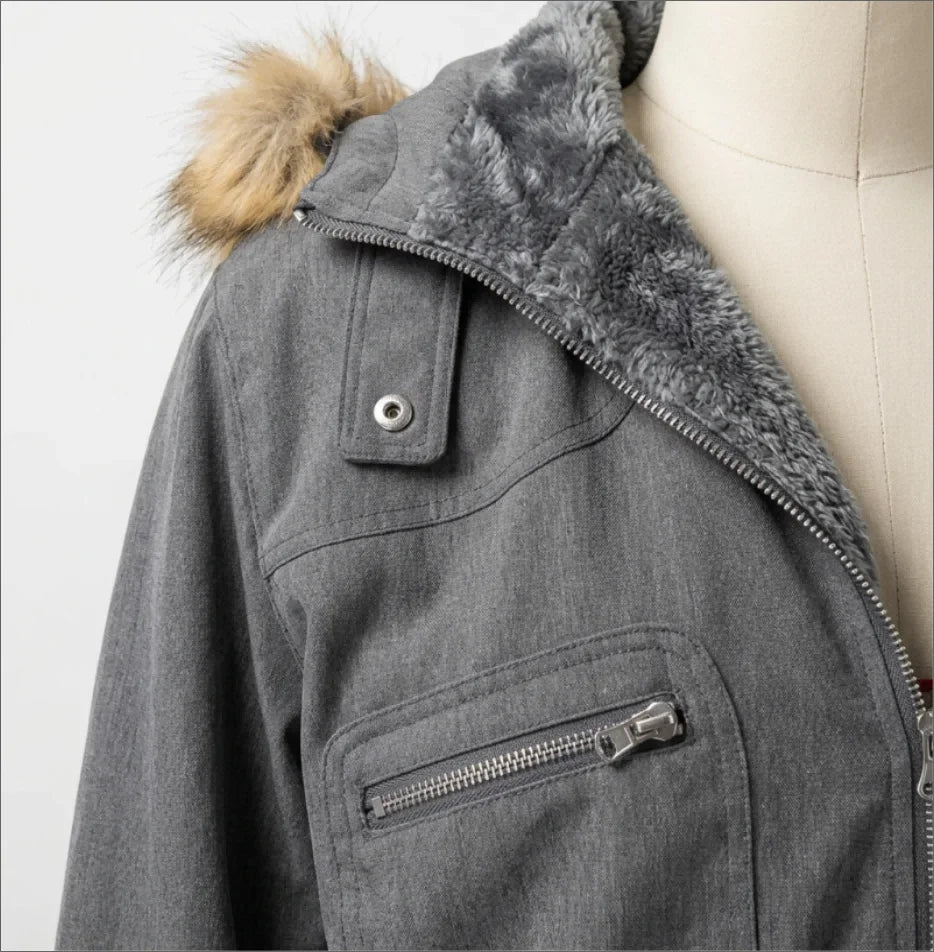Winter Jacket Women Grey Faux Fur Hood Zip Pockets Slim Fit
