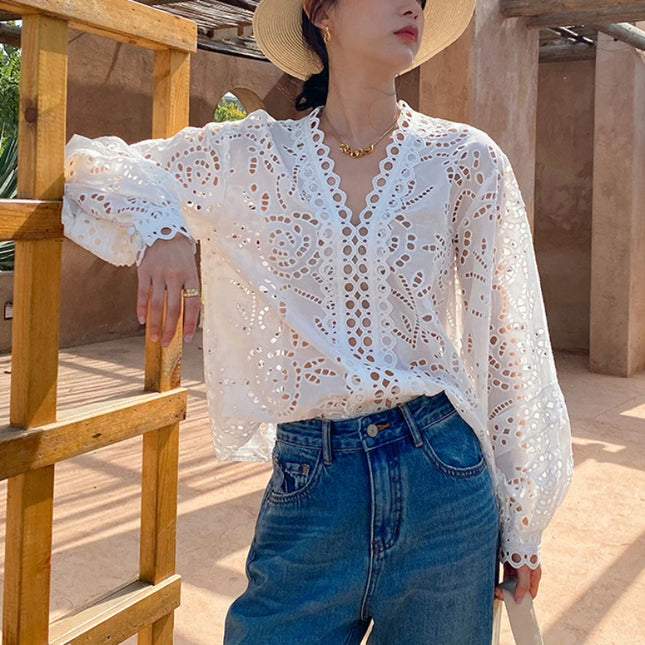 White Floral Eyelet Cotton Blouse – Long Sleeve V-Neck Top