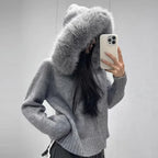 Women’s Hooded Knit Cardigan with Real Fox Fur – Casual Short Coat-HighTouch