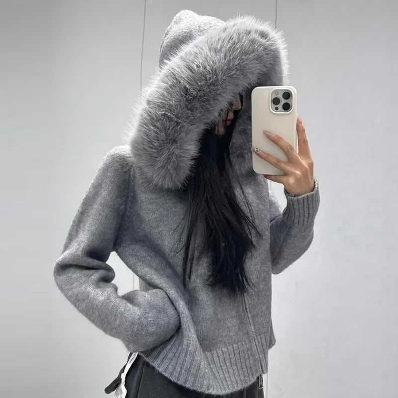 Women’s Hooded Knit Cardigan with Real Fox Fur – Casual Short Coat-HighTouch