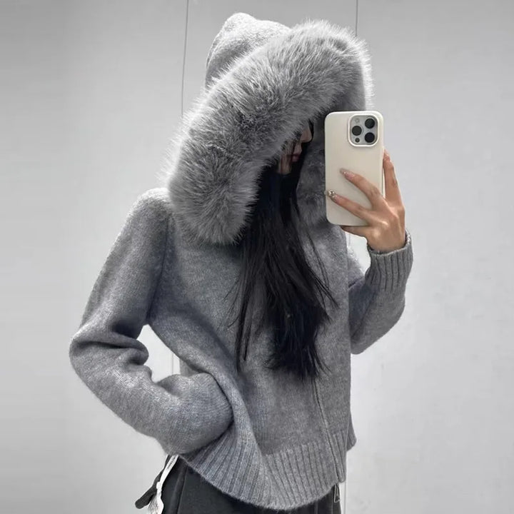 Women’s Hooded Knit Cardigan with Real Fox Fur – Casual Short Coat-HighTouch