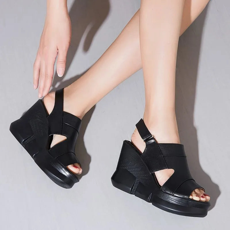 Women’s Cowhide Wedge Slides Summer Casual Slip-On Sandals-HighTouch