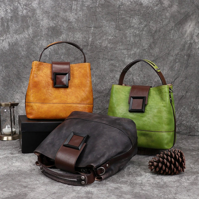 Top-Grain Leather Bucket Bag for Women ‒ Handmade Designer Office & Travel Purse