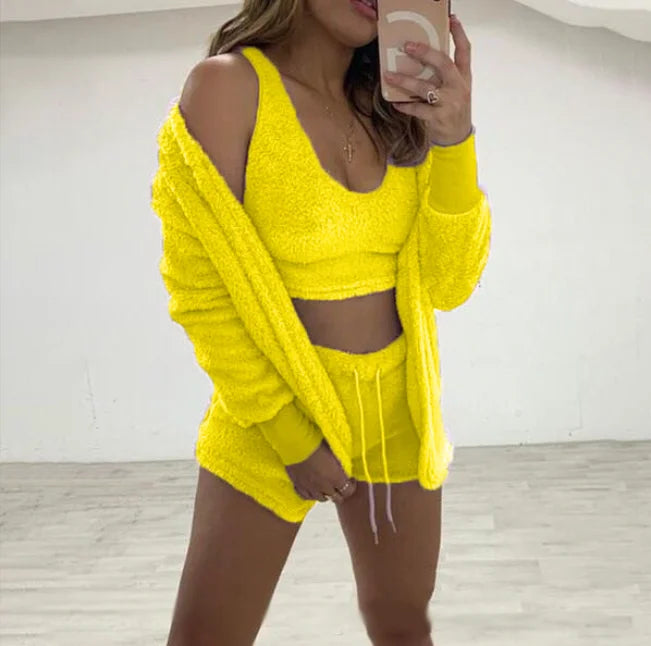 Women’s Plush 3-Piece Loungewear Set – Vest, Hoodie & Shorts for Ultimate Comfort