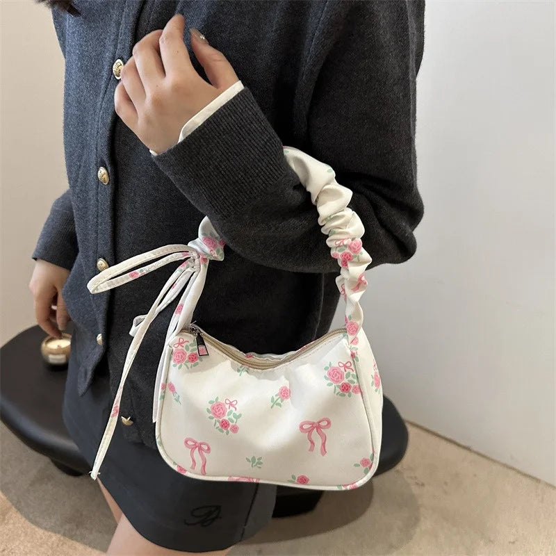 Floral Bow Canvas Pleated Drawstring Shoulder Bag – Aesthetic Underarm Purse-HighTouch