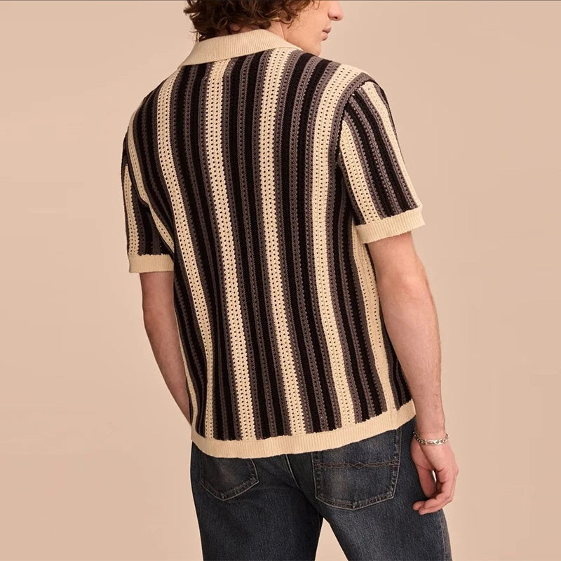 Breathable Hollow-Out Striped Knitted Polo Cardigan for Men