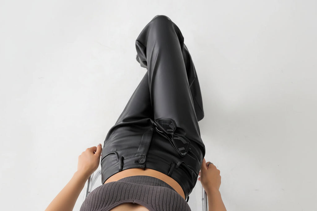 Pantaloni larghi larghi in pelle calda con tasche e bottoni da donna BIVIGAOS in pile autunno inverno vita alta spessa PU casual dritti