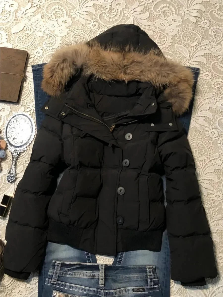 Winter Faux Fur Hood Jacket Women Y2K Vintage Gothic Parka