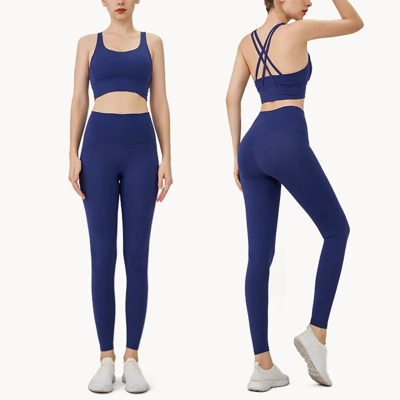 Summer New 2 Piece Yoga Clothes Women's Tracksuit Athletic Cross Back Nylon Yoga Top Women Sports Bra Leggings Pilates Fitness-HighTouch