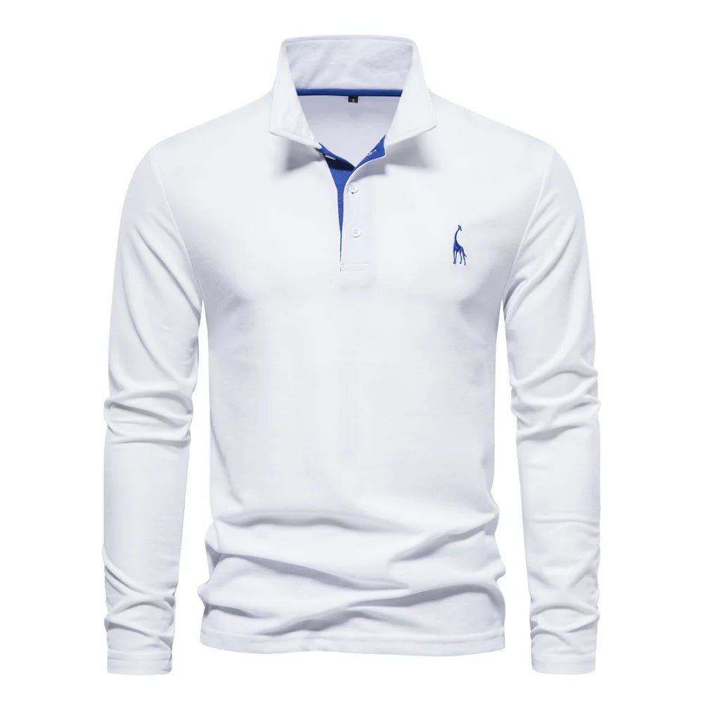 Men’s Deer-Embroidered Long Sleeve Polo-HighTouch