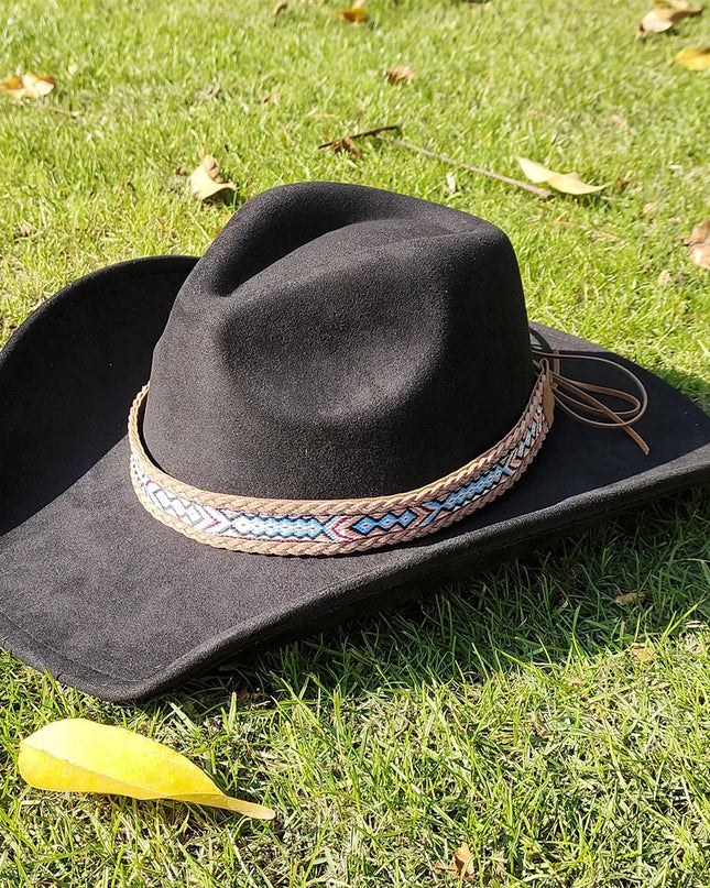Suede Wide-Brim Western Cowboy Fedora Adjustable Fit