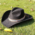 Suede Wide-Brim Western Cowboy Fedora Adjustable Fit-HighTouch