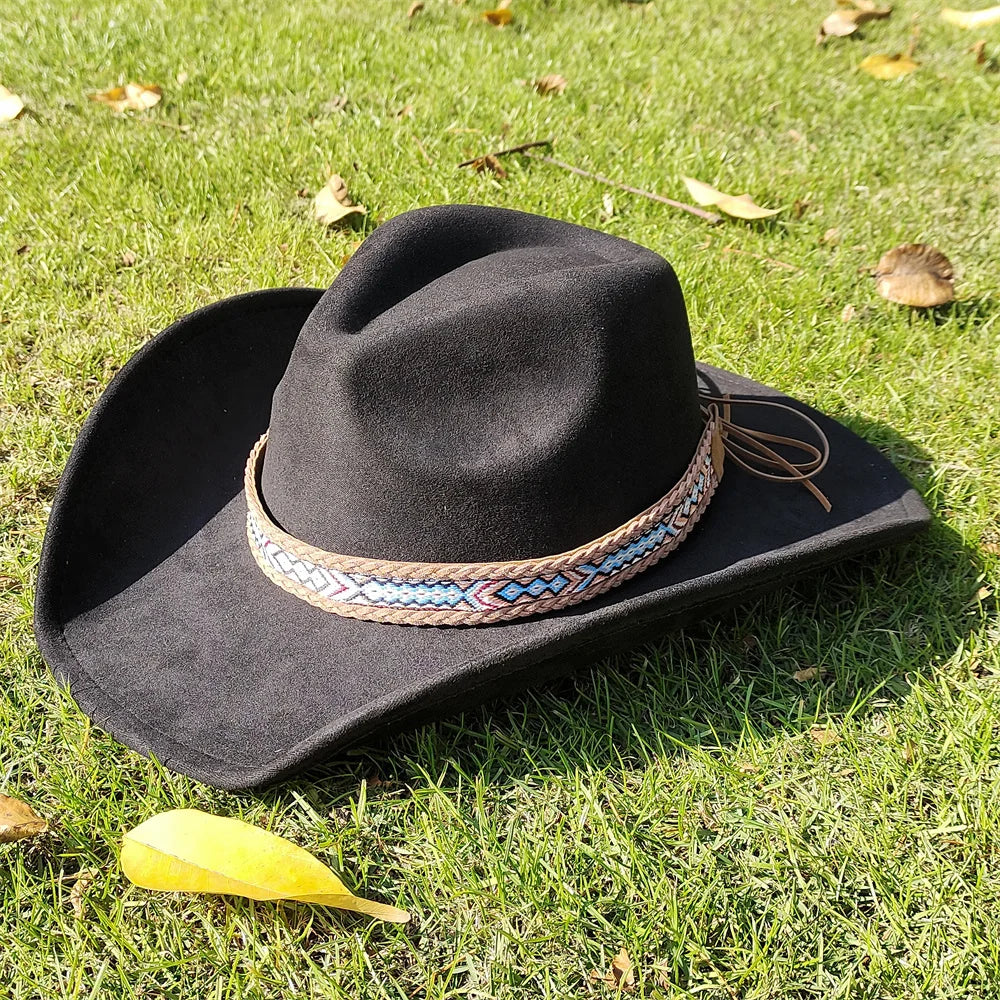 Suede Wide-Brim Western Cowboy Fedora Adjustable Fit
