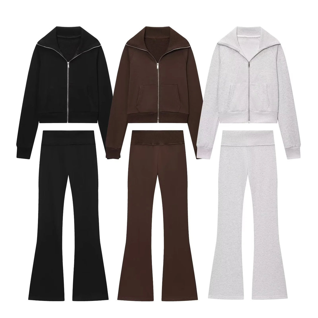 Women’s Fleece Jacket & High-Waisted Flared Pants – Autumn Set-HighTouch