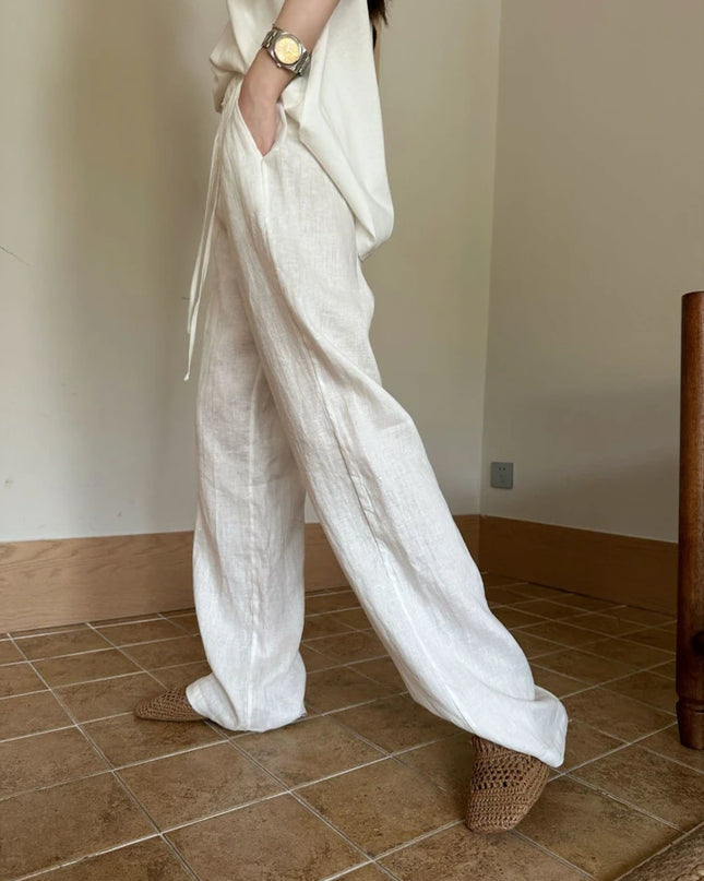 Women's White High-Waisted Wide-Leg Casual Pants – Lightweight & Comfortable