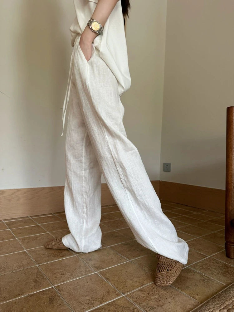 Women's White High-Waisted Wide-Leg Casual Pants – Lightweight & Comfortable-HighTouch