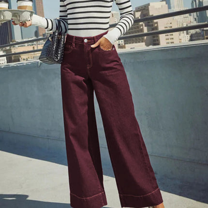 Burgundy High-Waist Wide-Leg Jeans Women