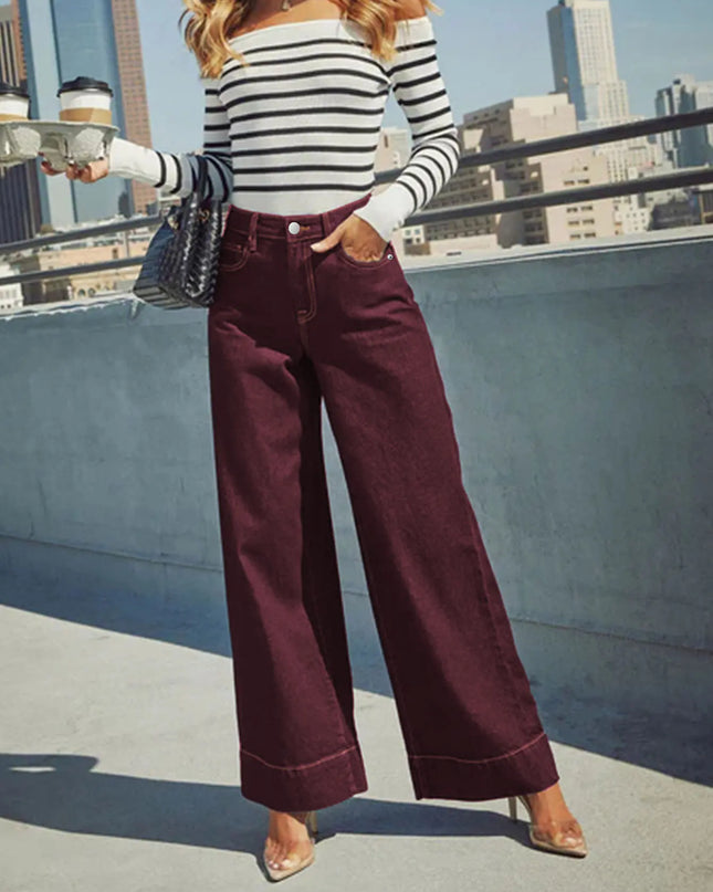 Burgundy High-Waist Wide-Leg Jeans Women