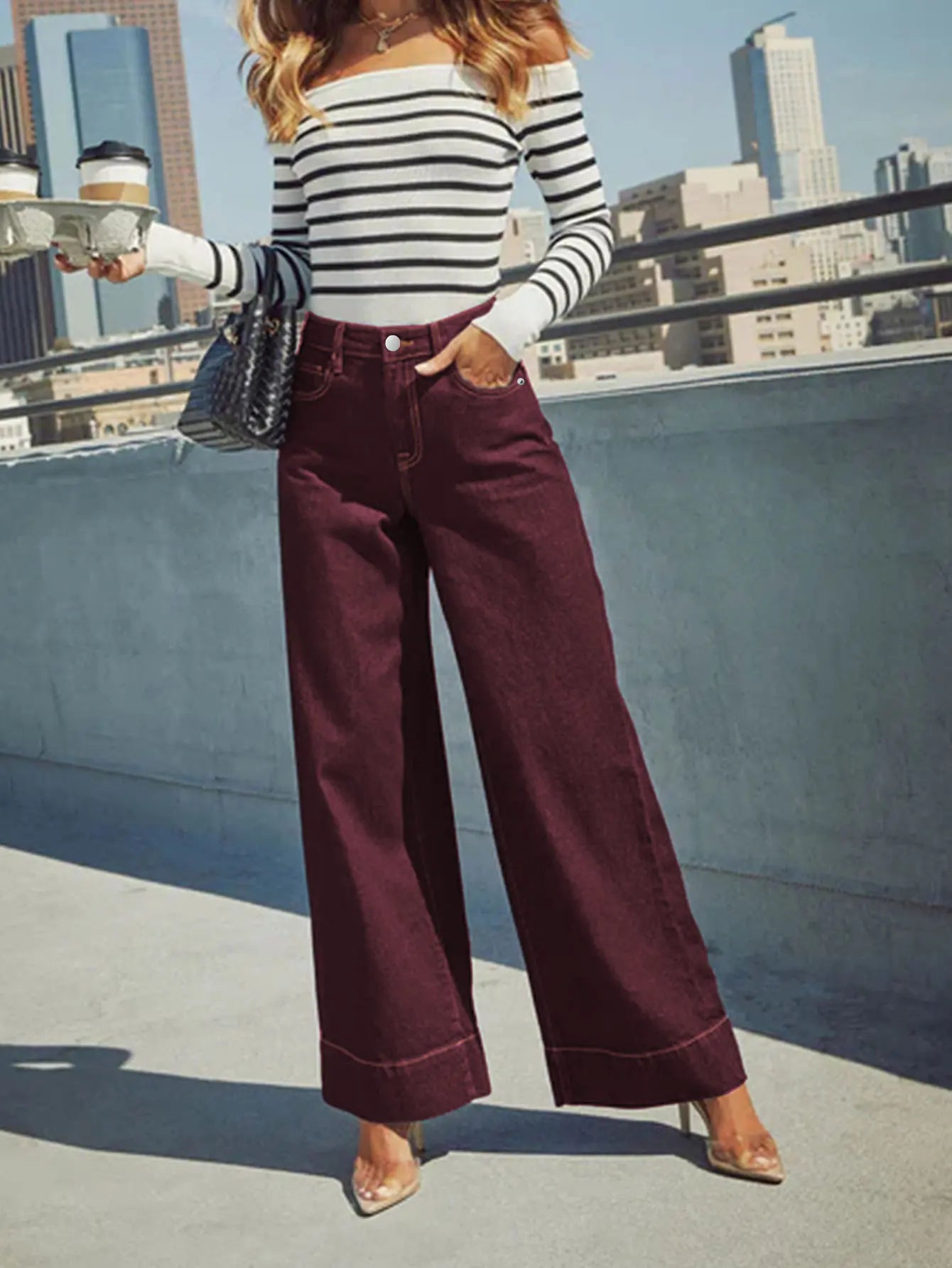 Burgundy High-Waist Wide-Leg Jeans Women