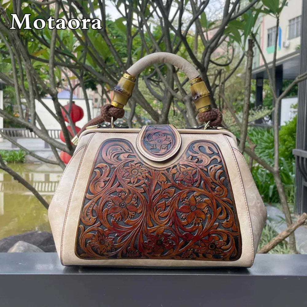 Luxury Handmade Women Shoulder Bag Vintage Carved Leather Women's Bag