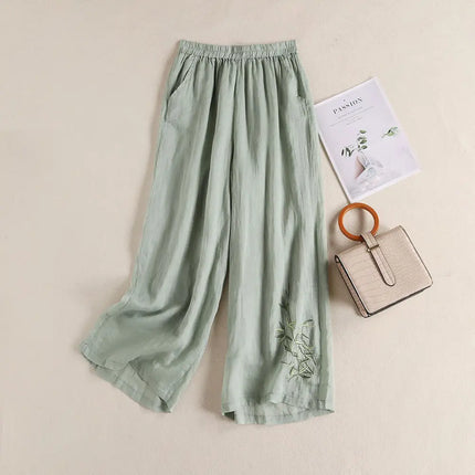 Elegant Embroidered Cotton‑Linen Wide‑Leg Trousers – Cool, Breathable & Stylish