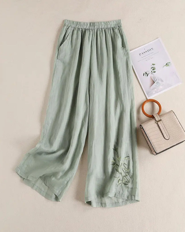 Elegant Embroidered Cotton‑Linen Wide‑Leg Trousers – Cool, Breathable & Stylish